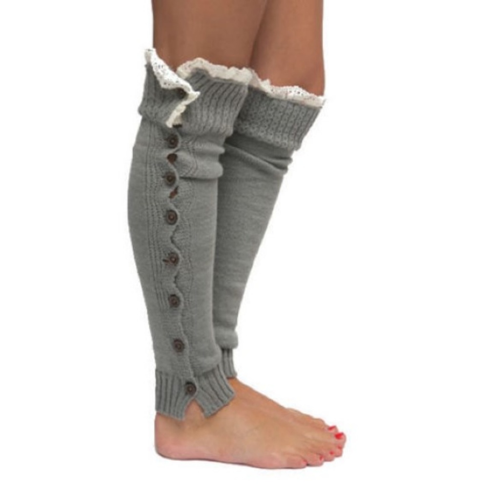 Grey Button Lace Top Leg Warmers